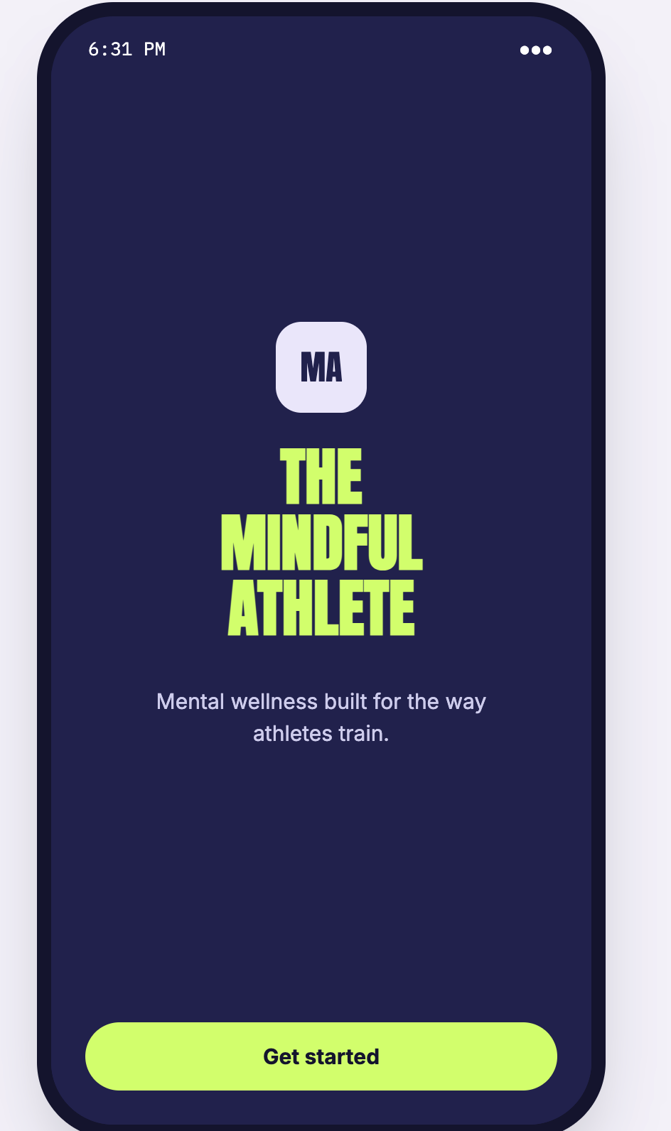 The Mindful Athlete onboarding screen on a teal-to-blue gradient, headed 'Mental wellness for peak performance', inviting the user to take a short personalization quiz.